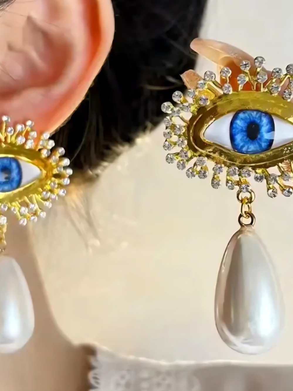 Gold And Blue Evil Eye Large Drop Pearl Dangle Earrings 2.36"L Eye Earrings